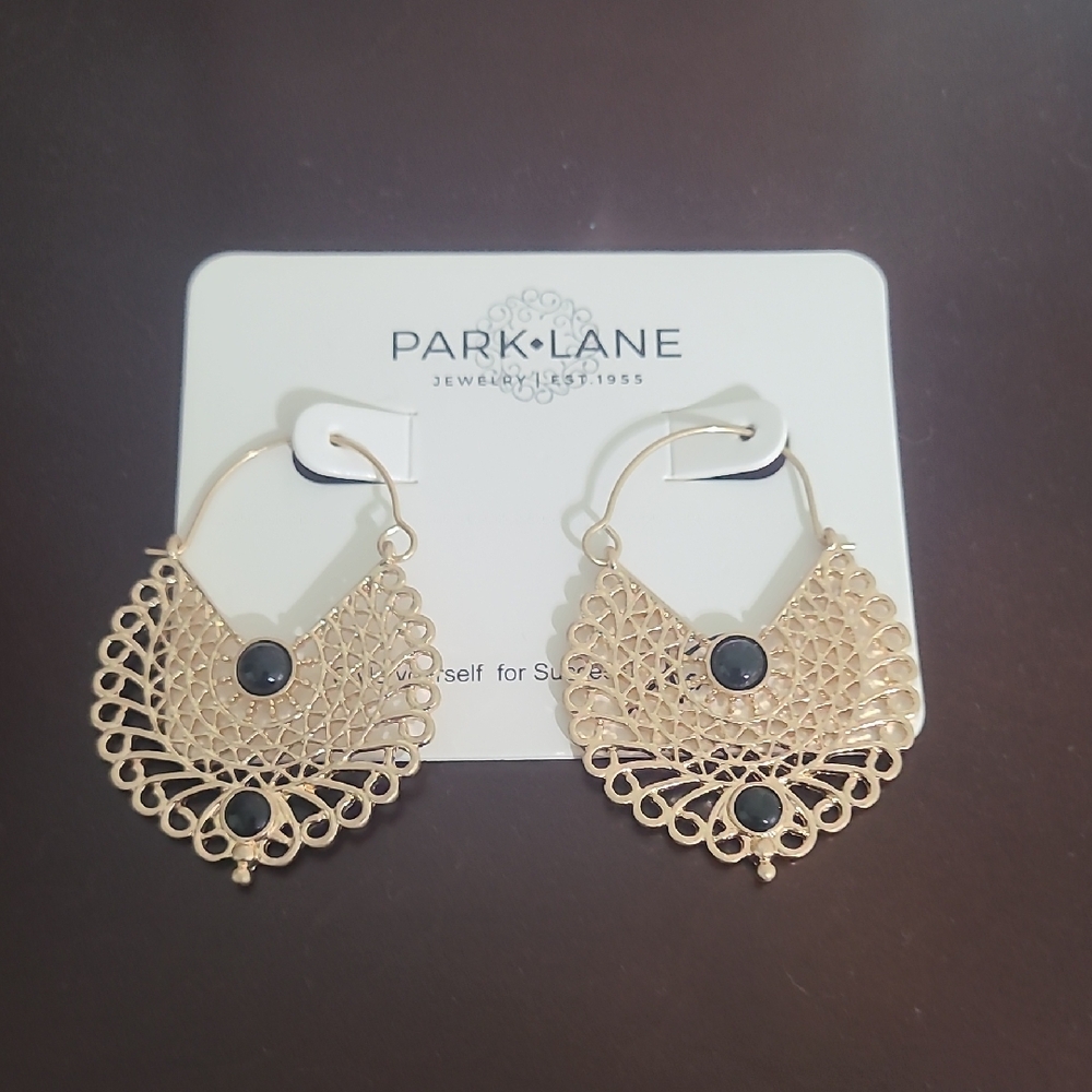 Park Lane Intricate Gold Earrings with Black Accents